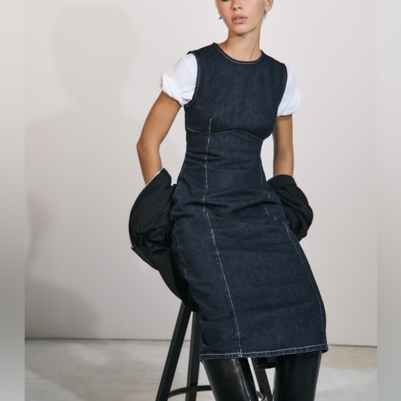 Zara Dark Blue Denim Midi Dress with White Layer - Picture 1 of 10